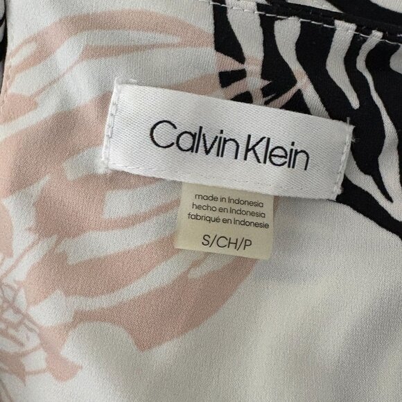 Calvin Klein Floral Blouse Size Small White Black Pink Pleated Neck - Picture 6 of 7